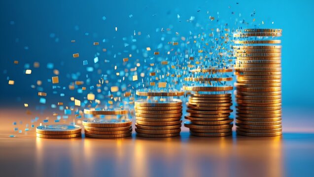 Conceptual illustration of wealth accumulation and economic growth with rising coin stacks dissolving into digital particles