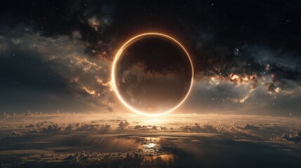 Luminous Golden Halo Surrounding Shadowed Planet In Deep Space With Photorealistic Cosmic Detail