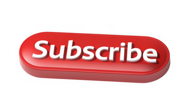 A red 3d button with the word subscribe in white text, isolated on transparent background
