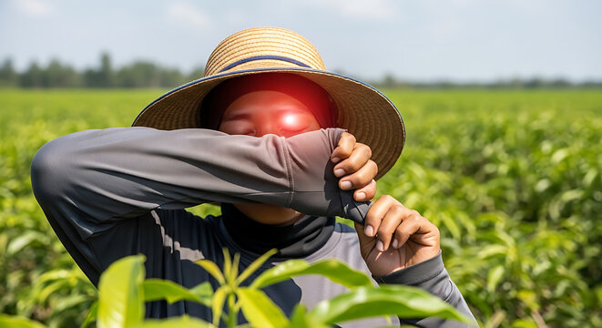 Agricultural worker in straw hat shielding face from bright sun in lush green field, indicating heat or fatigue.