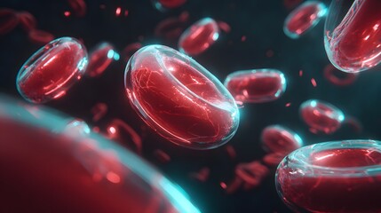 Numerous microscopic blood cells circulate through a dark internal environment with dramatic lighting