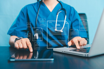Doctor and medical worker in virtual environment to manage health information, quality...