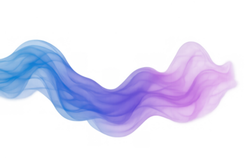 Abstract flowing wave gradient element with merging blue and purple smoke, digital fluid design on transparent background