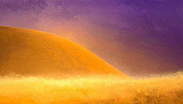 Stunning golden desert landscape with ethereal purple sky perfect for travel blogs and atmospheric designs, evoking peace and tranquility in a surreal and vibrant scene