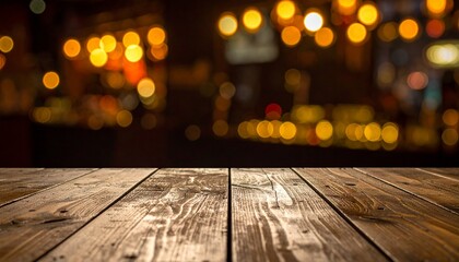 Rustic wooden table inviting you to a warm, cozy evening with friends and family, perfect for showcasing your delicious food and drink, set against a blurred background of twinkling lights