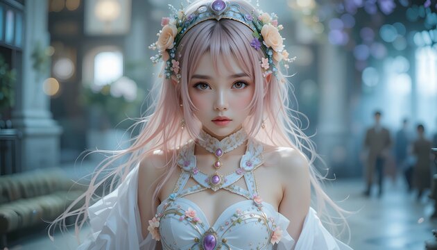 pink haired female elf cosplayer in elaborate floral dress and flower crown in hallway