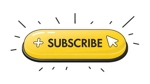 Yellow subscribe button with cursor icon isolated on transparent background