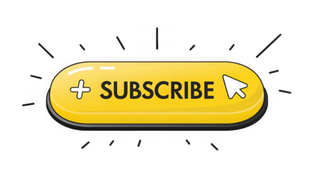 Yellow subscribe button with cursor icon isolated on transparent background
