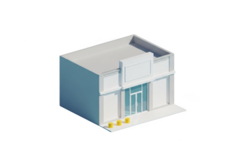 Modern minimalist building with glass entrance and blue accents isolated on transparent background