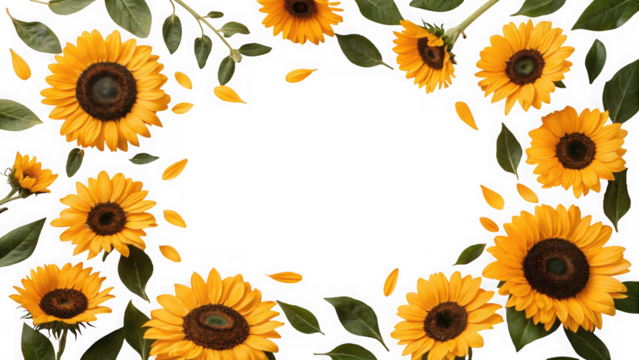 Frame of sunflowers and green leaf isolated on transparent background