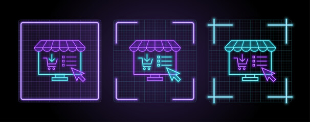 Online shopping marketplace icon illustration, cyber neon visual, glowing border grid vector.	