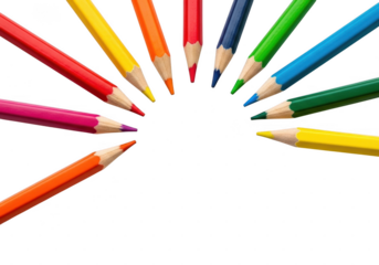 Colorful pencils arranged in radial pattern isolated on transparent background