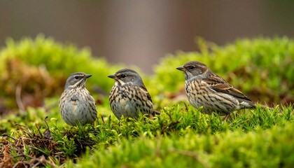 Fototapeta premium Three small birds on moss