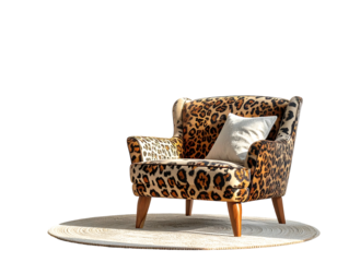 Leopard-print armchair with white pillow sits atop a cream rug against a dark background, bathed in warm light