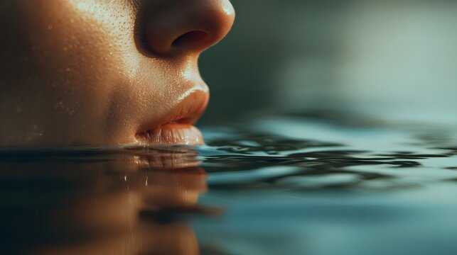 Close up profile view captures facial skin moist with liquid surface reflecting light