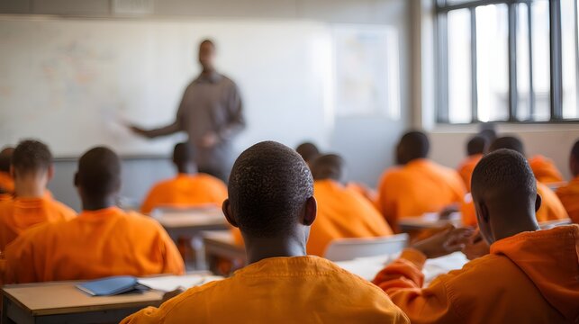 Incarcerated individuals participate in an educational seminar inside a secure facility