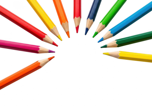 Colorful pencils arranged in radial pattern isolated on transparent background