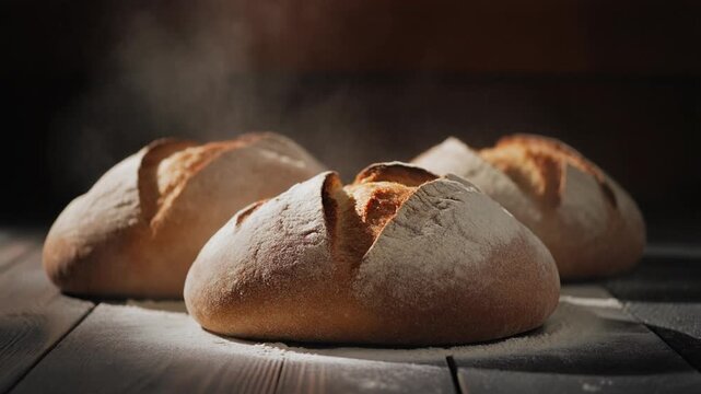 Artisan Bread Harmony - Loaves of rustic artisan bread with flour dust floating in air, dark wooden table background, warm directional lighting, fine-art bakery photography, high contrast