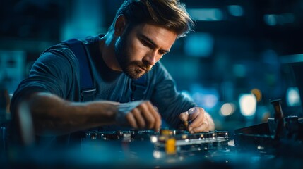 Skilled technician diligently assembling intricate electronic components in a dimly lit workshop environment