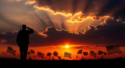 Fototapeta premium Veterans Day Sunset Remembrance Honoring American Heroes With Flags And Poppies November 11th