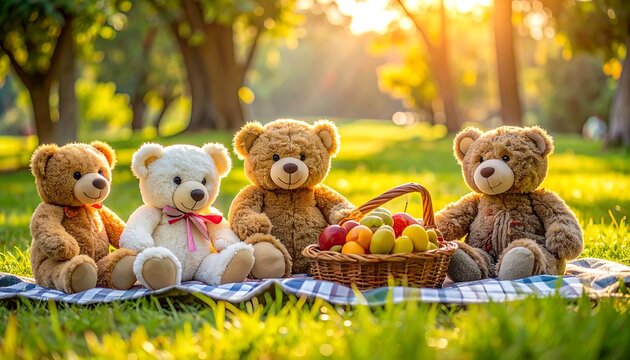 Teddy bears on picnic blanket in park