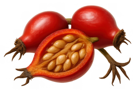 Rose hip berries with one sliced revealing seeds, rich in vitamin c, on transparent background