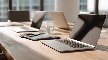 Several portable computers are arranged on a large wooden table in a bright office setting