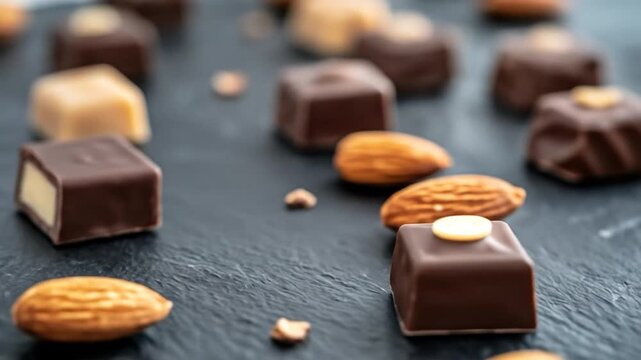 Assorted gourmet chocolate pralines and almonds on dark stone surface sweet confections food photography