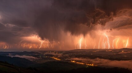 Fototapeta premium Dramatic Thunderstorm with Lightning Strikes Illuminating Sky