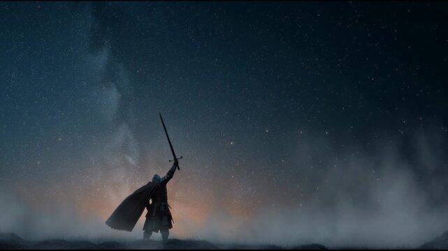 Epic starry night sky frames resolute, intimidating wizard with powerful staff, solitary dark fantasy figure ready for magical battle