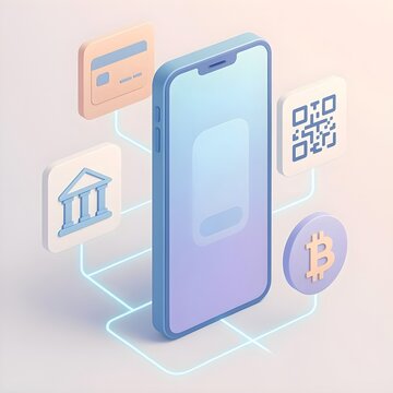 Isometric mobile finance concept with smartphone, card, QR code and bitcoin icons