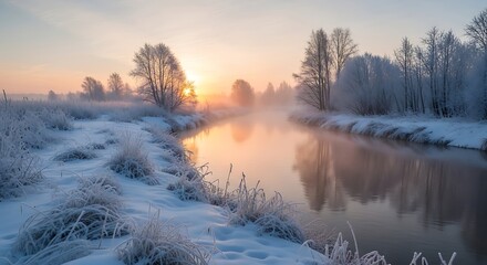 Misty winter sunrise over frozen river and snow covered landscape