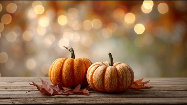 Two orange pumpkin decorations on rustic wooden table for warm, cozy autumn feeling with fall leaf accents and beautiful bokeh background