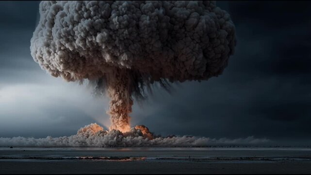 Terrifying nuclear bomb explosion creating massive atomic mushroom cloud. Ultimate weapon of war shows catastrophic power with huge blast and fire