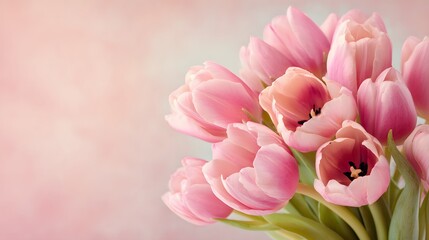 Bouquet of delicate pink tulip blossoms presented against a soft, diffused background
