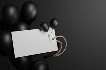 Elegant Blank White Tag with Black Balloons on a Dark Display Background