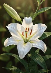Fototapeta premium Beautiful white lily flower blooming in a lush green summer garden.
