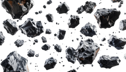 Group of gray, jagged asteroids floating in deep dark space