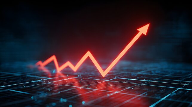 Glowing red line graph illustrates continuous upward trend across digital surface