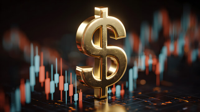 Golden dollar symbol and stock trend chart