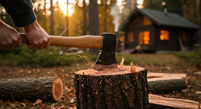 Axe chopping wood in forest with cabin in background at sunset.