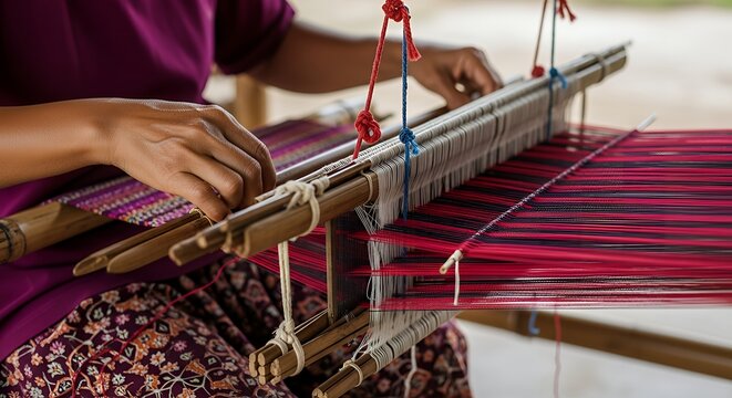Close-up of hands weaving traditional fabric on a loom.