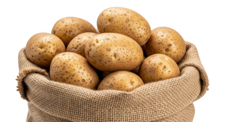 Burlap sack full of fresh potatoes isolated on white background