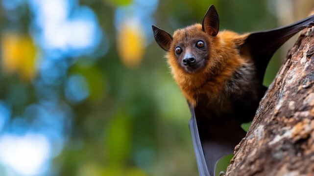 Close up view of a large bat clinging to a textured tree trunk in a natural outdoor environment with blurred green and blue foliage background