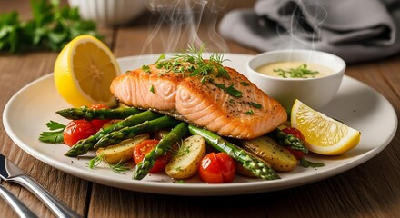 Delicious Steamed Salmon Fillet with Asparagus and Lemon.