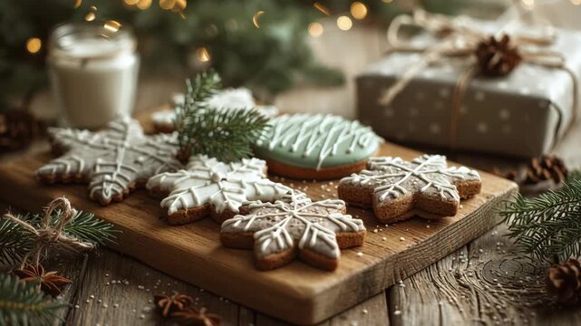 Close-up of Christmas cookies on wooden board with greenery and eco wrapping in background, warm homey mood, eco rustic christmas home