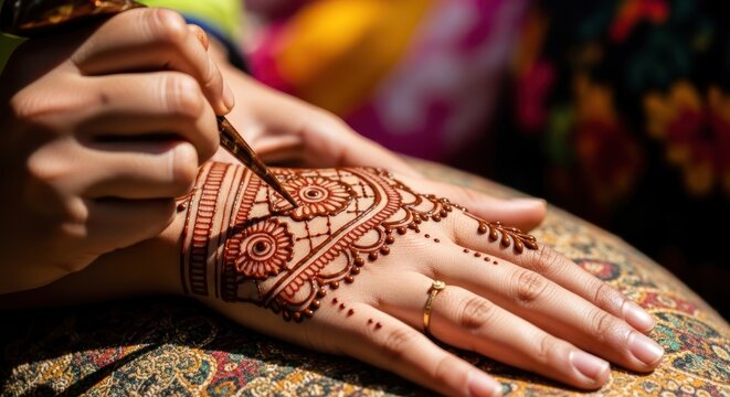 Close-up of hands applying henna design on a