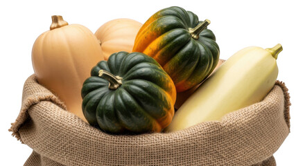 Assortment of fresh winter squash and gourds in a burlap sack isolated on white background