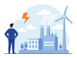Businessman Looks at Green Energy and Pollution Factory