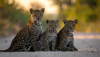 Naklejka premium Three young leopards sit together on a sandy path at sunset